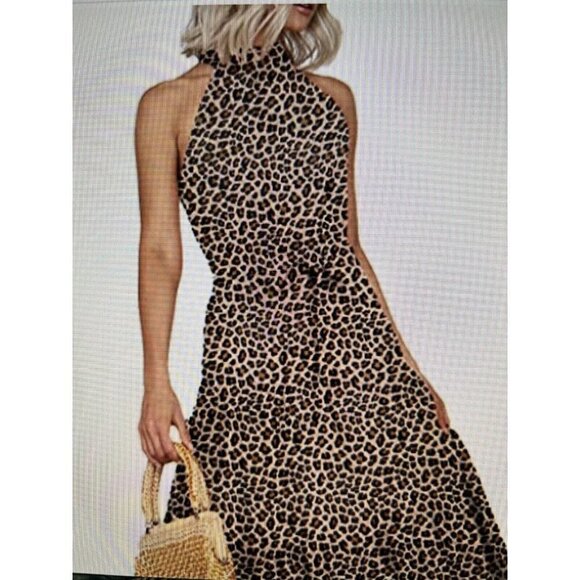 Womens Boho Leopard Print Peplum Halter Maxi Dress Small Elastic Waist Stretch - Picture 1 of 6